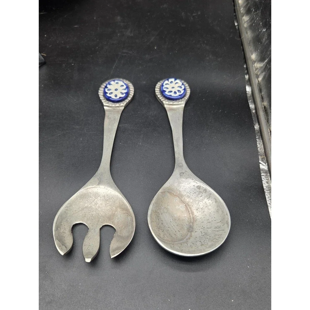 Albuhi Cast Aluminum Ceramic Salad Tossing Serving Set Fork Spoon Made in Mexico
